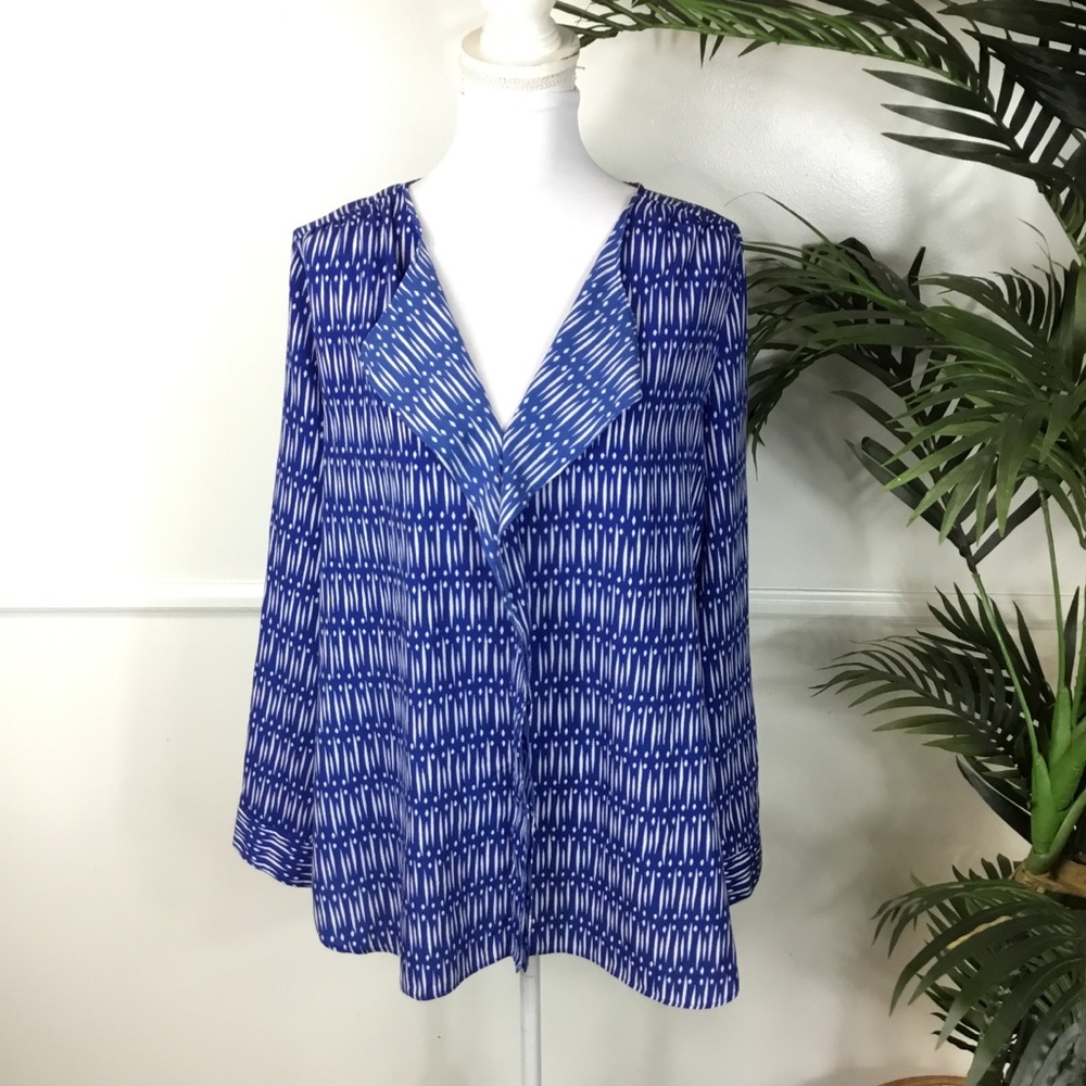 Ann Taylor Blue White Long Sleeve Blouse Large